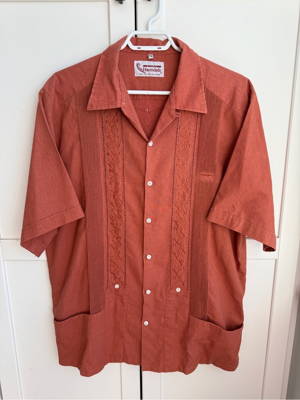 Linen Guayabera Shirt Rust Orange Embroidered Mexican Men’s 3XL / 46